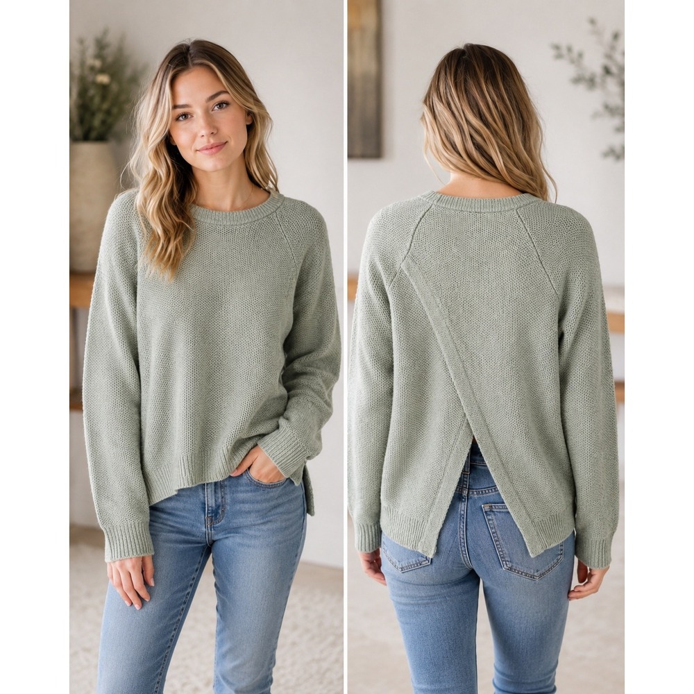 Madewell Province Granola Soft Girl Sweater M Green Cross-Back Relaxed Waffle